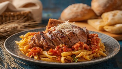 Grilled pork neck served with pasta, protein-rich meal