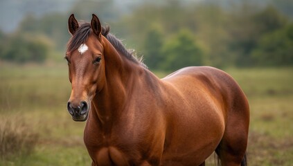 Brown horse featuring a distinct white bald spot, showcasing unique coat patterns