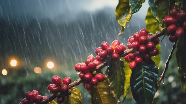 Galho de gr&atilde;os de caf&eacute; bonitos brilhando e balan&ccedil;ando suavemente na chuva