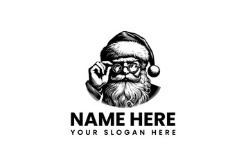 Engraved style portrait of Santa Claus wearing glasses. A vintage Christmas holiday logo concept for business branding. Black and white vector illustration