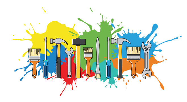 Vibrant tools and paint splatters create a dynamic artistic background for home improvement and DIY projects