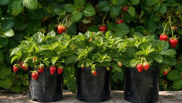 Newly planted red berries in dark containers