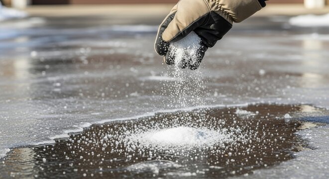 Spreading deicing salt on icy pavement in winter for safety and maintenance