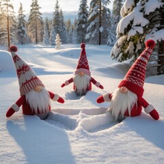 "Charming Nordic Christmas Gnomes Playing in Snowy Forest Wonderland"