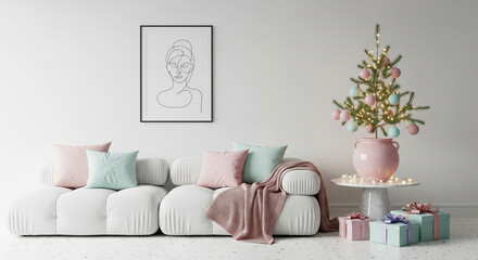 Minimalist Pastel Christmas Living Room with Soft Decor and Elegant Tree