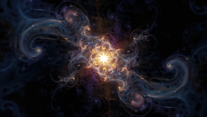 Fototapeta premium Abstract fractal design against a dark background featuring a glowing star, artistic backdrop