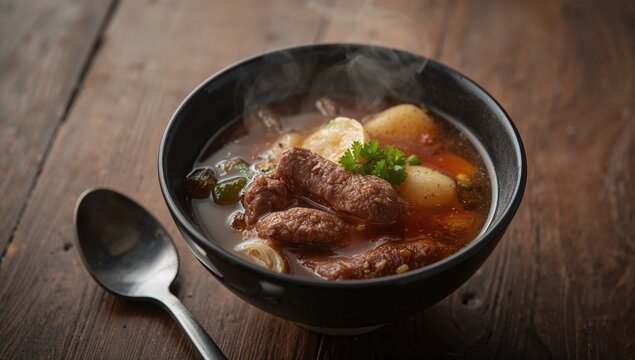 A bowl of oxtail soup on a wooden surface, protein-rich meal, winter warmth