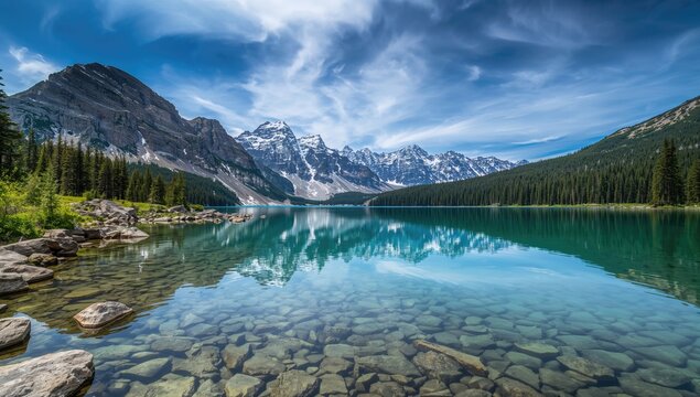 A clear alpine lake with rocky edges mirrors rugged, snow-capped peaks beneath a vibrant blue sky, seasonal change