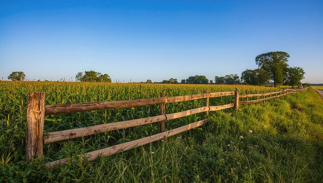 Fototapeta Vintage wooden fence in a rural setting with cornfield