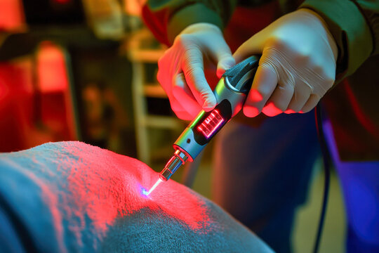 A practitioner administers laser therapy on a patient's back in a soothing clinic setting during a treatment session