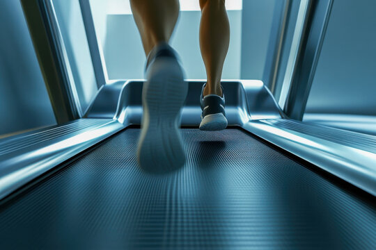 Person exercises on a treadmill in a well-lit gym, showcasing commitment to fitness and health during daytime - Powered by Adobe