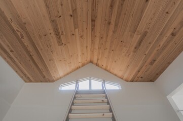 Innovative melamine wood ceiling featuring attic access ladder and thermal insulation for energy savings