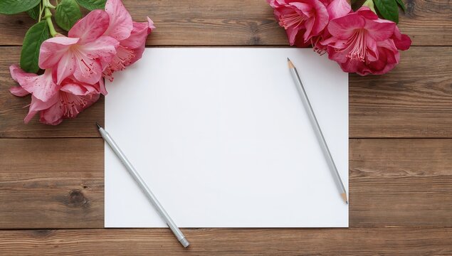 Pink azalea flowers alongside a silver pencil and blank sheet on wood, serving as a layout background for text