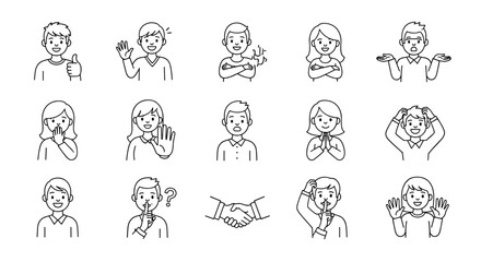 Collection of doodle-style line art illustrations featuring diverse characters expressing various nonverbal communication signs and gestures, including thumbs up, waving, crossed arms, shrugging