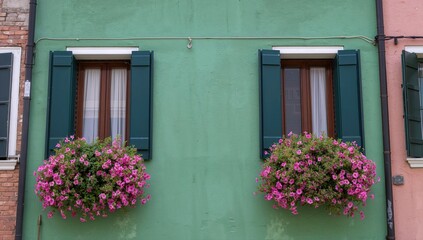 Traditional architecture adorned with vibrant floral decorations on a residential building facade