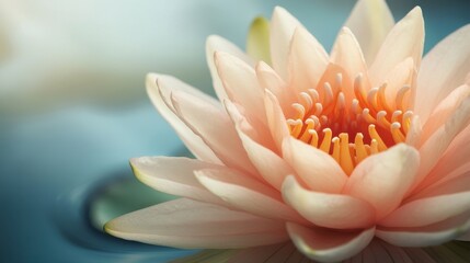 Fototapeta premium Delicate pink water lily blossom opening its petals in tranquil blue water, serene and peaceful nature scene, closeup detail