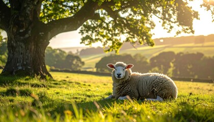 Sheep relaxes on a grassy hillside beneath a large tree. Sunlight illuminates the scene, casting long shadows and a golden glow. Rolling hills fill the background