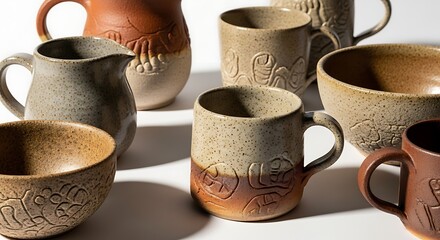 Collection of handmade ceramic mugs and pitchers on a white background