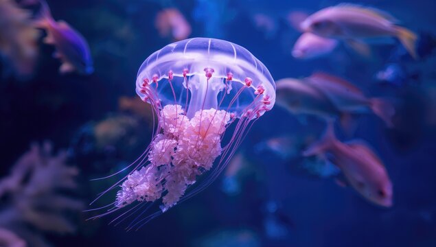 Chrysaora lactea jellyfish captured in macro, showcasing its delicate structure and vibrant colors, marine life awareness