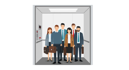 Professional team ready for success, standing together in a modern office elevator, carrying briefcases