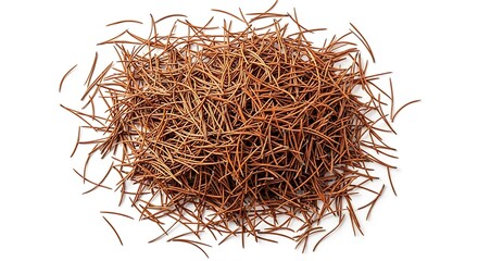 Pile of dry pine needles isolated on white background, ready for craft use