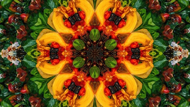 Kaleidoscope of vibrant fruits, showcasing rich colors and textures, ideal for a healthy snack