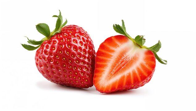 Strawberry halves displayed on a white surface, highlighting the natural sweetness of fresh fruit