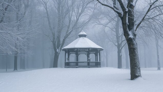 Circular gazebo blanketed in snow within a misty winter landscape - Powered by Adobe