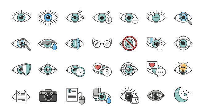 A comprehensive collection of eye-related line icons, featuring outline signs perfect for graphic and web design, mobile applications, advertising campaigns, and diverse card designs. This vector