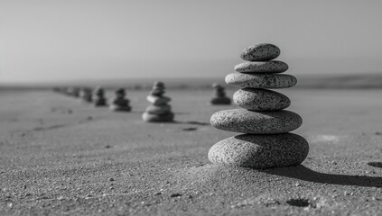 Stacked stone towers on a beach, showcasing artistic skill in natural materials, Earth Day