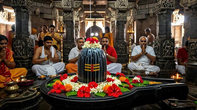 Devotees Engaging in Ritual Worship at a Historic Hindu Temple with Sacred Shivling Surrounded by Floral Offerings and Spiritual Ambiance