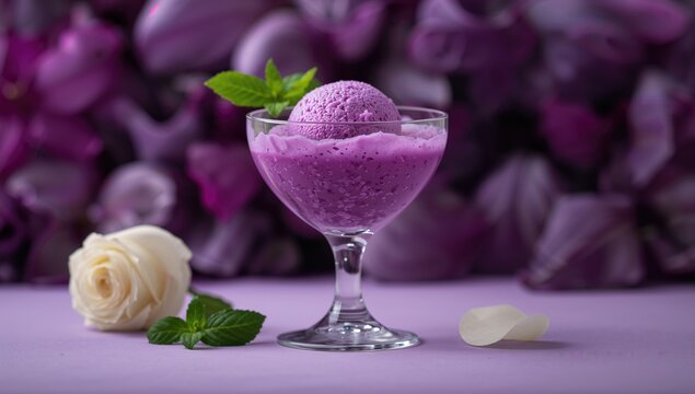 Purple basil sherbet served in a glass, fiber-dense choice
