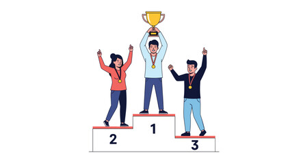 Fototapeta premium Excited diverse team celebrating victory with trophy and medals on podium, showcasing achievement and success