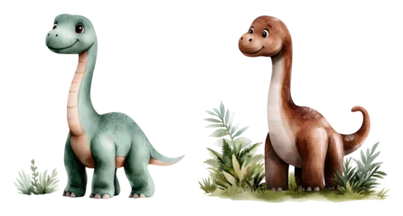 Sierkussen Dinosaurus set of watercolor cartoon dinosaurus with a long neck, soft pastel colors isolated on a transparent background  © Anastasia