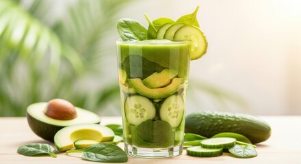 Tall glass of green smoothie with avocado and cucumber slices