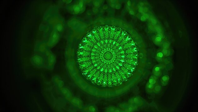 Viewing a kaleidoscope through a tube with vibrant green geometric patterns, educational tool, visual engagement
