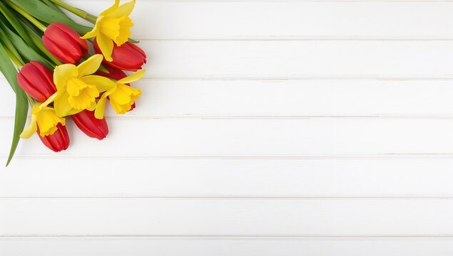 Aerial view of white wooden surface adorned with daffodils and red tulips, suitable for greeting cards, Easter