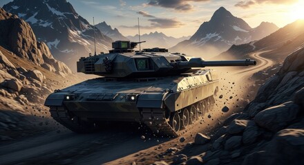 Tank on mountain road, dust billowing, snow-capped peaks, bright sun backdrop