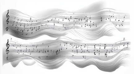 Flowing black musical notes and staffs on a soft white background with smooth, wave-like patterns creating a sense of movement and harmony
