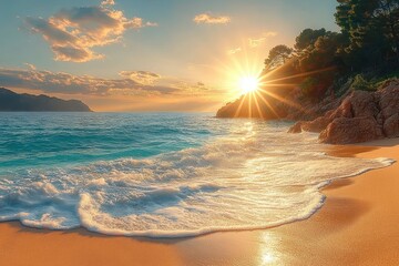Golden sunset over a sandy beach with gentle ocean waves rolling in near rocky cliffs and pine trees under a partly cloudy sky