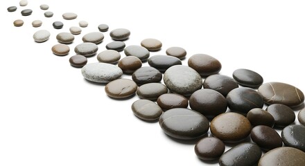 Smooth river stones arranged in a row isolated on white background