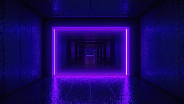 Neon Blue and Purple Laser Frame in a Futuristic Sci-Fi Tunnel with Reflective Metallic Floor and Cyberpunk Vibes
