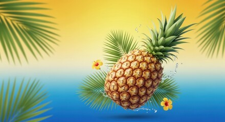 Tropical pineapple with splashes of water and palm fronds against a gradient background