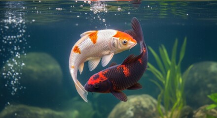 Two colorful koi fish swimming in clear water, forming an elegant yin-yang shape