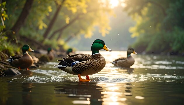 Several ducks wade in a shallow, sun-drenched river, surrounded by lush green trees and foliage. Soft sunlight filters through the canopy - Powered by Adobe