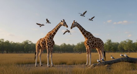 Two giraffes with tall necks gaze at each other while birds fly nearby in African savanna scene