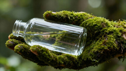 A hand covered with natural moss holding a reusable glass bottle filled with water against forest background, symbolizing recycling and eco-packaging.
