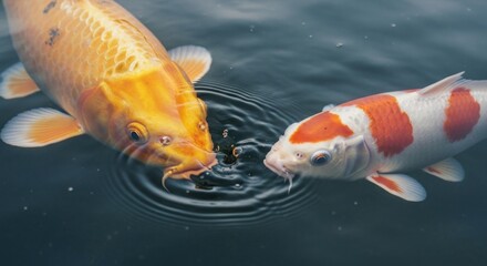 Two koi fish, one yellow and one white with red spots, swimming in dark water