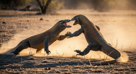 Two large monitor lizards stand and engage in a heated fight in a dusty, sunlit arid plain