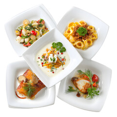 Elegant Collection of Dishes on Square Plates for Fine Dining Experience